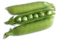 Green pea pods with one pod opened on white background Royalty Free Stock Photo