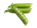 Green pea pods with open pod and peas on white background Royalty Free Stock Photo