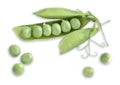 Green pea pods with open pod and peas on white background Royalty Free Stock Photo