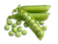 Green pea pods with open pod and peas on white background Royalty Free Stock Photo