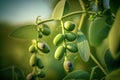 Green pea pods ripen on bush. Pods of ripening green peas closeup, Generative AI Royalty Free Stock Photo