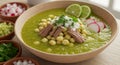 Green Pea Soup with Beef and Lime Garnish Royalty Free Stock Photo