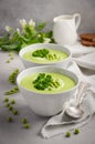 Green pea soup in bowls on grey concrete or stone background Royalty Free Stock Photo