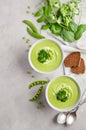 Green pea soup in bowls on grey concrete or stone background Royalty Free Stock Photo