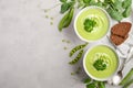 Green pea soup in bowls on grey concrete or stone background Royalty Free Stock Photo