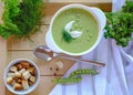 Green pea soup. pea cream soup with dill and croutons Royalty Free Stock Photo