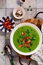 Green pea soup with sausages.style hugge.selective focus Royalty Free Stock Photo