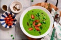 Green pea soup with sausages.style hugge.selective focus Royalty Free Stock Photo