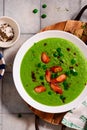 Green pea soup with sausages.style hugge.selective focus Royalty Free Stock Photo