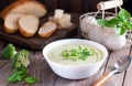 Green pea soup in a white plate on a wooden background Royalty Free Stock Photo