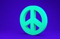 Green Peace icon isolated on blue background. Hippie symbol of peace. 3d illustration 3D render