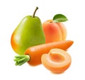 Green pear, carrot and apricot isolated on white background Royalty Free Stock Photo