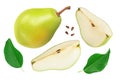 Green pear fruit half and slices isolated on white background . Top view. Flat lay Royalty Free Stock Photo