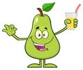 Green Pear Fruit With Leaf Cartoon Mascot Character Holding Up A Glass Of Juice And Gesturing Ok