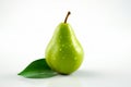 Green pear with green leaf on white background with water droplets. Generative AI Royalty Free Stock Photo