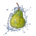 Green pear with water splash