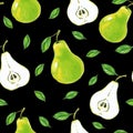 Green pears fruits on a black background. Healthy food. Handwork. Seamless pattern for design