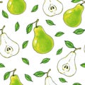 Green pears fruits are isolated on a white background. Healthy food. Handwork. Seamless pattern for design