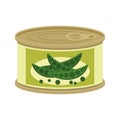 Green peas in aluminum can. Canned food with peas logo. Product for supermarket and shop. Flat vector illustration isolated on Royalty Free Stock Photo