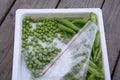 Green peas are in a bag on a white tray. Harvesting fresh vegetables from the garden. View from above Royalty Free Stock Photo