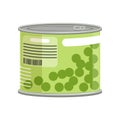 Green peas in metallic can with label and ring-pull. Concept of canned food. Isolated flat vector element for Royalty Free Stock Photo