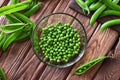 Green peas peeled in a glass bowl closeup Royalty Free Stock Photo