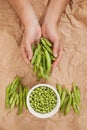 green peas, pods and peas on a kraft background. flatlay, a woman hahd