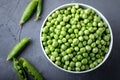 Green peas in white bowl with fresh pods. Top view. Royalty Free Stock Photo