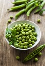 Green peas in white bowl with fresh pods Royalty Free Stock Photo