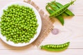 Green peas in white bowl on wooden background, top view or flat