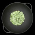 Green peas in wok, raw and frozen