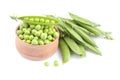 green peas in a wooden bowl next to peas in a stitch on a white background. isolated Royalty Free Stock Photo