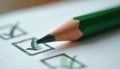 Green pencil marks checklist form paper. Selection process, data entry, survey, questionnaire, document, business, education, Royalty Free Stock Photo