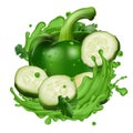 Green pepper and cucumber slices in splashes of vegetable juice