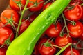 Green pepper sharp shiny ripe pod background. Cherry tomatoes contrasting culinary design