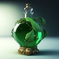 A green perfume bottle with leaves