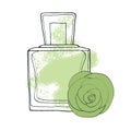 Green Perfume bottle sketch illustration. Isolated woman perfume. . Print for shirts, wallpaper, poster, cards, gift