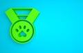 Green Pet award symbol icon isolated on blue background. Badge with dog or cat paw print and ribbons. Medal for animal Royalty Free Stock Photo