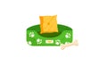 Green pet bed with paw prints, an orange pillow, and a bone. Comfortable pet furniture vector illustration