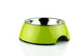 Green pet bowl. methacrylate food container for dog or cat. Isolated on white background