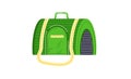 Green pet carrier backpack with yellow straps and a mesh window. Modern pet transportation vector illustration