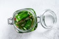 Green pickle cucumbers in a glass jar. Natural product. White background. Top view