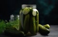 AI generated picture of green pickled cucumbers in a glass jar.