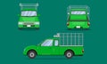 Green pickup truck cab with car steel grating front side back view transport vector illustration eps10