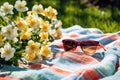 Summer grass flower picnic meadow food vacation basket background nature spring holiday green