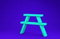 Green Picnic table with benches on either side of the table icon isolated on blue background. 3d illustration 3D render