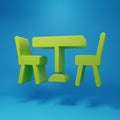 Green Picnic table with chairs on either side of the table icon isolated on blue background. Minimalism concept. 3D Royalty Free Stock Photo