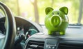 Green piggy bank in the car interior. The concept of purchasing, credit, leasing or car insurance