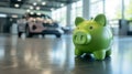 Green piggy bank in a car showroom against the background of cars. Car leasing or loan concept
