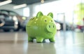 Green piggy bank in a car showroom against the background of cars. Car leasing or loan concept Royalty Free Stock Photo